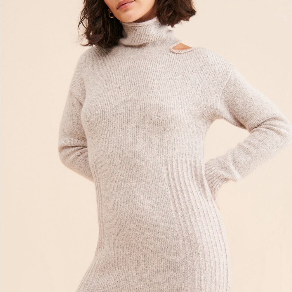525 America Cream Turtleneck Sweater Dress with Shoulder Cutout